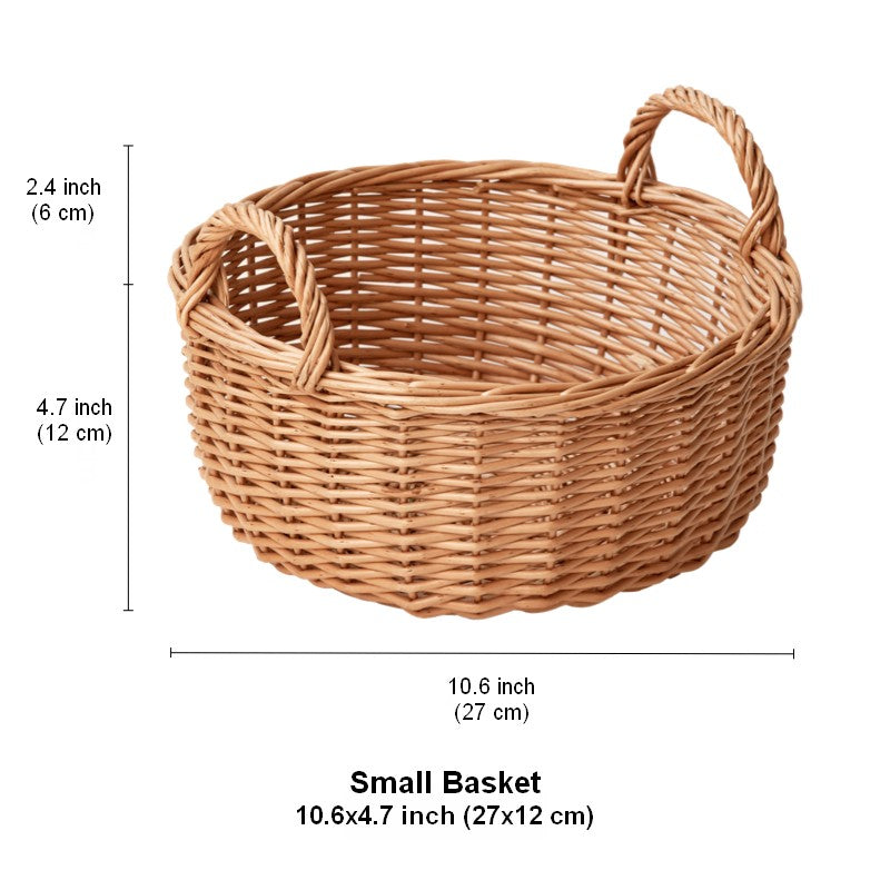 Picnic Fruit Basket with Handle, Kitchen Storage Baskets, Natural Hand-woven Wicker Round Storage Basket, Lovely Willow Weaving Baskets for Vegetable, Natural Fruit Storage Basket-Paintingforhome