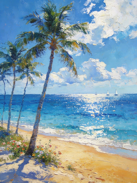 Heavy Texture Wall Art Paintings, Tropical Coastal Bliss, Beach Palm Tree Paintings, Hand Painted Canvas Art, Buy Paintings Online, Original Landscape Art, Small Paintings On Canvas-Paintingforhome