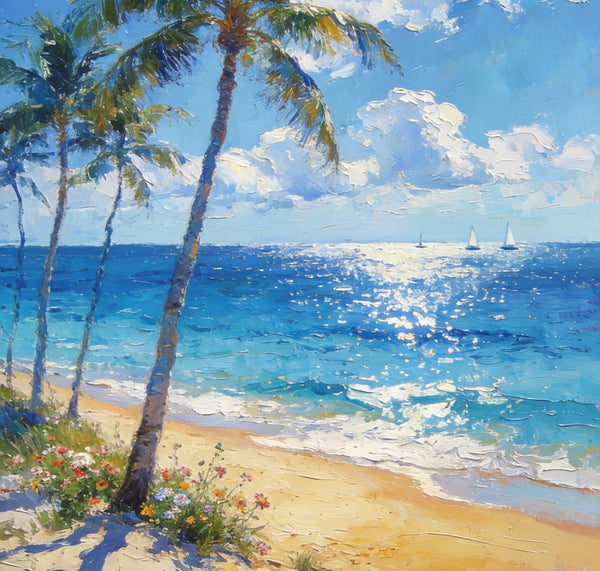 Heavy Texture Wall Art Paintings, Tropical Coastal Bliss, Beach Palm Tree Paintings, Hand Painted Canvas Art, Buy Paintings Online, Original Landscape Art, Small Paintings On Canvas-Paintingforhome