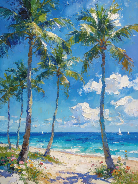 Beachside Haven, Palm Tree Seashore Paintings, Original Landscape Paintings, Canvas Paintings for Dining Room, Heavy Texture Artwork, Small Oil Paintings, Hand Painted Canvas Art-Paintingforhome
