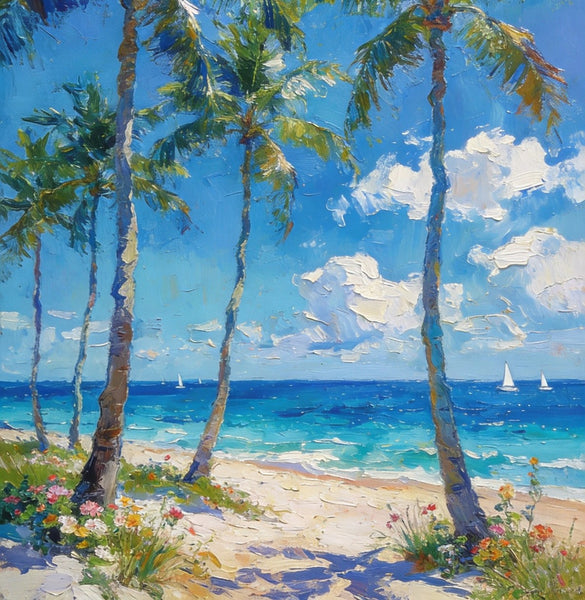 Beachside Haven, Palm Tree Seashore Paintings, Original Landscape Paintings, Canvas Paintings for Dining Room, Heavy Texture Artwork, Small Oil Paintings, Hand Painted Canvas Art-Paintingforhome