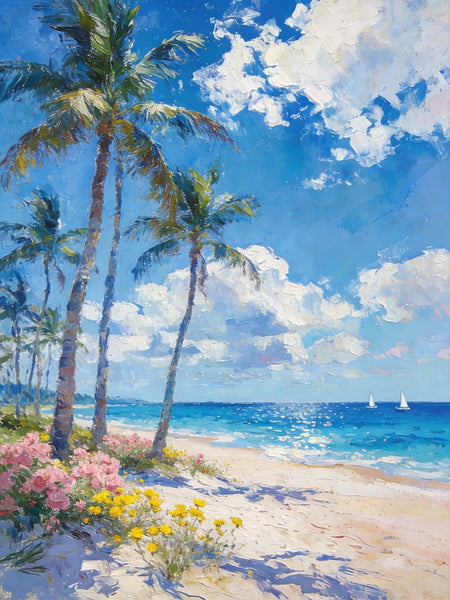 Original Landscape Paintings, Palm Fringed Beach, Summer Resort, Beach Paintings, Small Oil Paintings, Hand Painted Canvas Art, Buy Paintings Online, Canvas Paintings for Bedroom-Paintingforhome