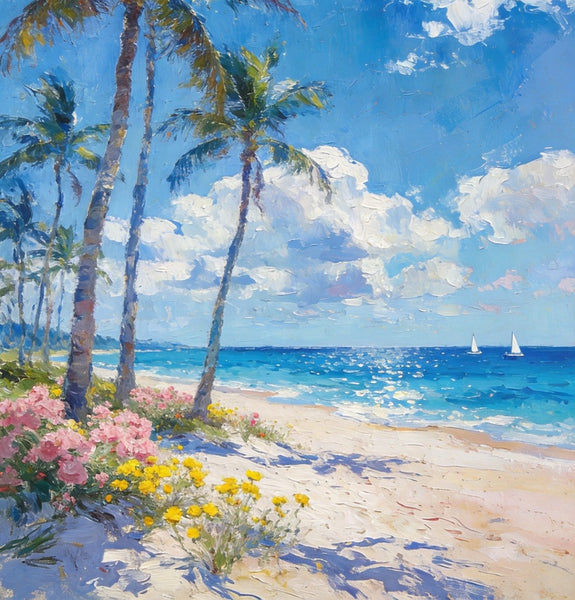 Original Landscape Paintings, Palm Fringed Beach, Summer Resort, Beach Paintings, Small Oil Paintings, Hand Painted Canvas Art, Buy Paintings Online, Canvas Paintings for Bedroom-Paintingforhome