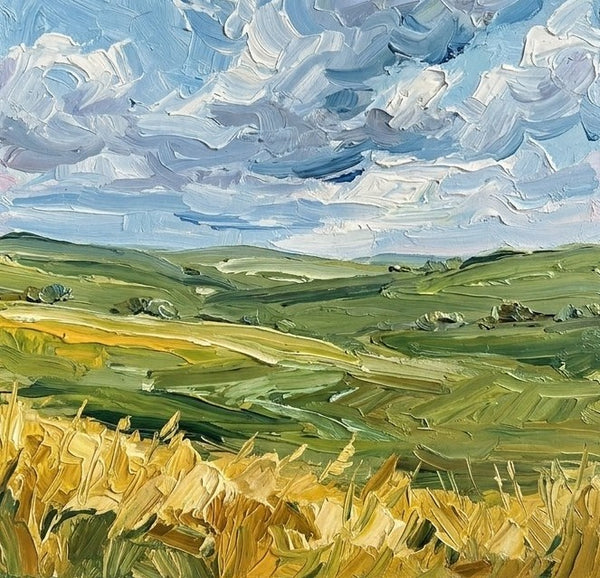 Original Landscape Paintings, Rolling Clouds Over Golden Wheat, Impasto Heavy Texture Art, Small Canvas Wall Art Paintings, Hand Painted Canvas Art