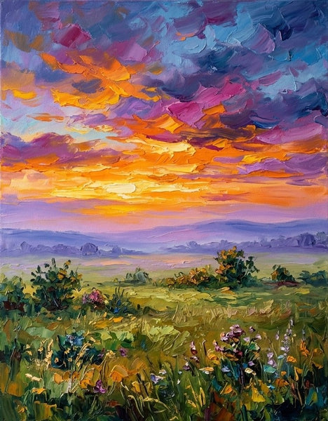 Original Oil Paintings for Sale, Burning Sunset Over the Wideness, Original Landscape Paintings, Buy Small Paintings Online