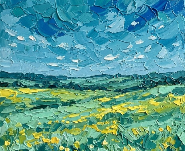 Heavy Texture Paintings, Blue Sky and Wildflower Meadow, Original Oil Paintings, Miniature Canvas Art, Original Oil Painting for Sale