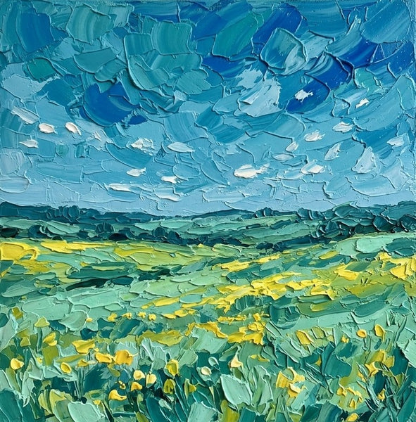 Heavy Texture Paintings, Blue Sky and Wildflower Meadow, Original Oil Paintings, Miniature Canvas Art, Original Oil Painting for Sale