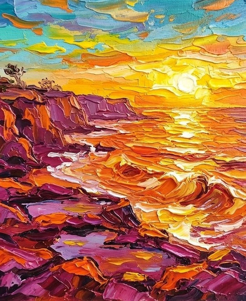 Original Painting for Sale, Waves Soaking the Golden Sun, Hand Painted Canvas Art, Heavy Texture Paintings, Original Seascape Paintings