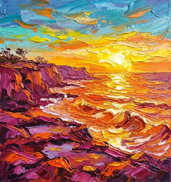 Original Painting for Sale, Waves Soaking the Golden Sun, Hand Painted Canvas Art, Heavy Texture Paintings, Original Seascape Paintings