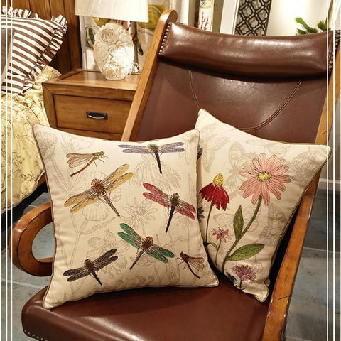 Dragonfly and Flower Cotton and linen Pillow Cover, Embroider Decorative Throw Pillow, Decorative Pillows for Car, Flower Decorative Pillows-Paintingforhome