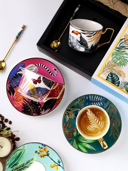 Jungle Animals Porcelain Coffee Cups, Coffee Cups with Gold Trim and Gift Box, 7.4 oz Tea Cup and Saucer-Paintingforhome