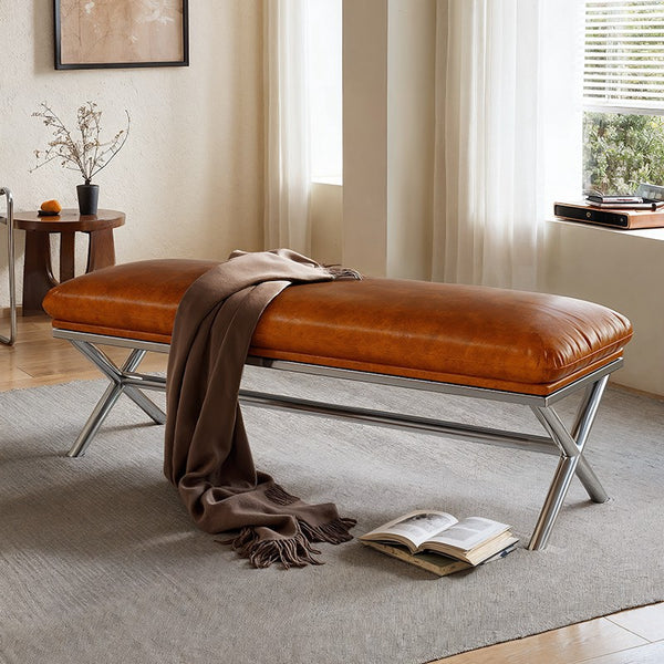 Upholstered Shoe Bench, Contemporay Bedroom Bench, Luxury Genuine Leather Entry Bench, Narrow Entryway Bench, Modern Shoe Changing Ottoman, Mid-Century Hall Bench-Paintingforhome