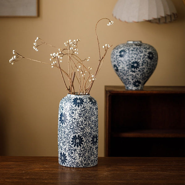 Vintage Bouquet Flower Vases, Centerpiece on Dining Table, Large Blue Flower Vase on Table, Handmade Porcelain Flower Vases Urn, Water Holding Flower Vases-Paintingforhome