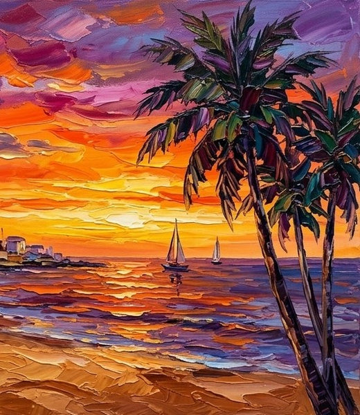 Buy Small Paintings Online, Tropical Sunset Sails on the Coast, Hand Painted Canvas Art, Original Seashore Paintings