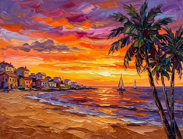 Buy Small Paintings Online, Tropical Sunset Sails on the Coast, Hand Painted Canvas Art, Original Seashore Paintings
