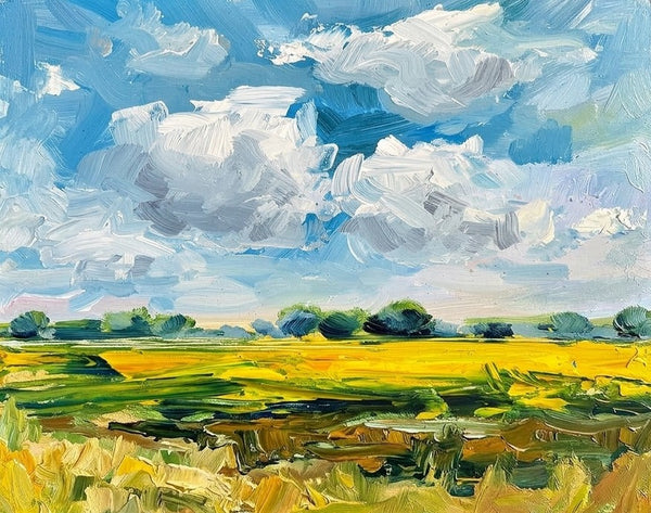 Golden Crops Under the Billowing Blue Sky, Original Landscape Paintings, Original Artwork for Sale, Hand Painted Canvas Art, Impasto Heavy Texture Art