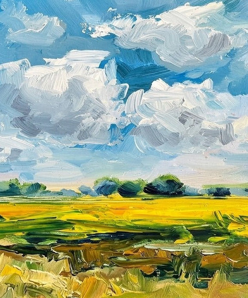 Golden Crops Under the Billowing Blue Sky, Original Landscape Paintings, Original Artwork for Sale, Hand Painted Canvas Art, Impasto Heavy Texture Art