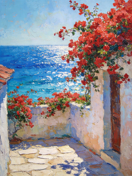 Hand Painted Canvas Art, Crimson Blooms and Azure Mediterranean, Original Landscape Paintings, Small Canvas Wall Art Paintings