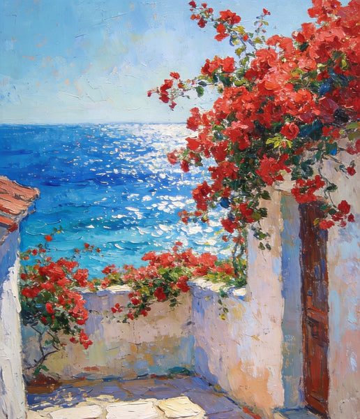 Hand Painted Canvas Art, Crimson Blooms and Azure Mediterranean, Original Landscape Paintings, Small Canvas Wall Art Paintings
