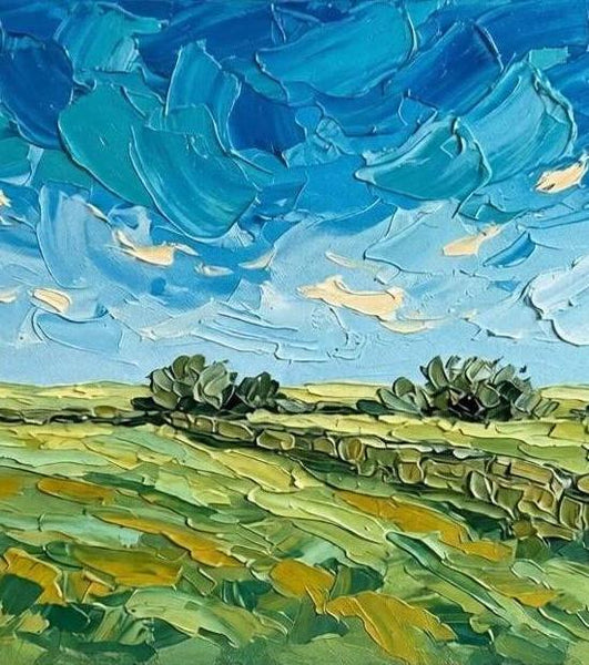 Original Landscape Paintings, Rural Prairie Under Turbulent Clouds, Original Oil Paintings, Heavy Texture Paintings, Hand Painted Canvas Art