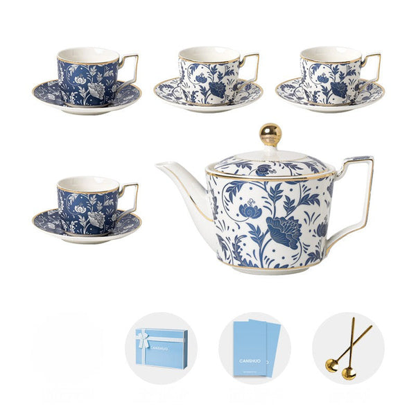 Unique British Traditional Afternoon Tea Cup Set with Teapot, 8 oz Ceramic Coffee Cup with Saucer Set of 4 cups in Gift Box, Blue Porcelain Tea Cup and Saucer Set-Paintingforhome