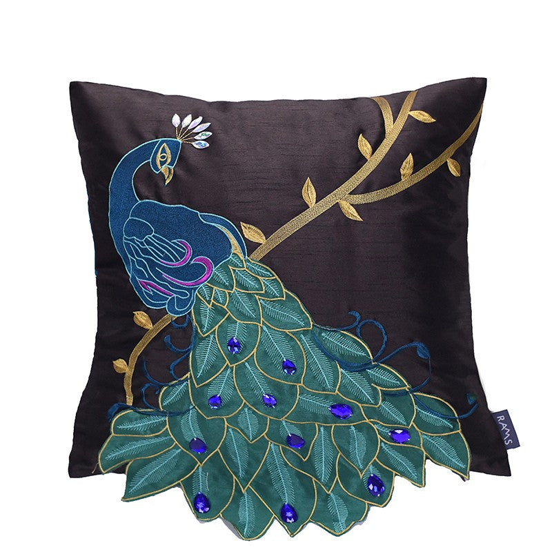 Peacock Bird Embroidery Detailed Cotton Linen Blend Decorative Pillow Cover Exquisite Craft Bohemian Nature Inspired Cushion Case Art