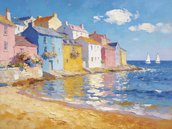 Landscape Canvas Paintings, Ocean Front Town Allure, Seashore Beach Paintings, Small Landscape Paintings on Canvas, Palette Knife Oil Paintings, Hand Painted Canvas Art, Original Oil Paintings
