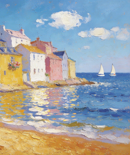 Landscape Canvas Paintings, Ocean Front Town Allure, Seashore Beach Paintings, Small Landscape Paintings on Canvas, Palette Knife Oil Paintings, Hand Painted Canvas Art, Original Oil Paintings