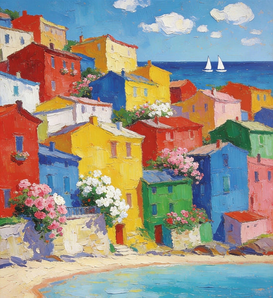 Heavy Texture Wall Art Paintings, Coastal Town Blissful Scene, Small Paintings On Canvas, Hand Painted Canvas Art, Original Landscape Art, Buy Original Paintings-Paintingforhome
