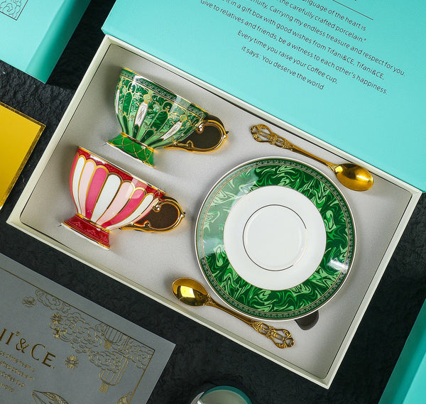 Elegant Ceramic Coffee Cups, Beautiful British Tea Cup with Saucer, 8 Ounce Porcelain Tea Cup Saucer Set of 2 Cups, Unique Tea Cup and Saucer in Gift Box as Birthday Gift-Paintingforhome