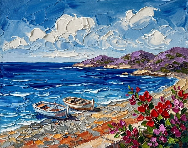 Small Canvas Artwork for Sale, Moored Boats in the Sunny Bay, Original Seascape Paintings, Original Oil Paintings
