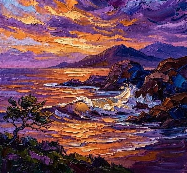 Small Canvas Artwork for Sale, Big Wave Painting, Purple Clouds Over the Sea, Buy Small Paintings Online, Hand Painted Canvas Art