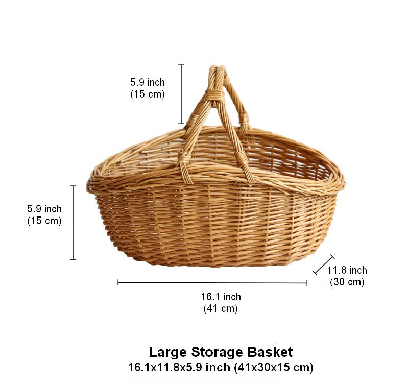Large Kitchen Storage Baskets, Picnic Storage Basket with Handle, Hand-woven Wicker Storage Basket, Willow Weaving Baskets for Vegetable, Natural Fruit Basket-Paintingforhome