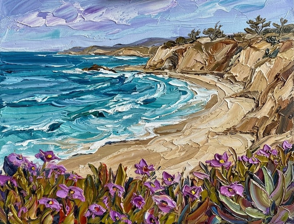 Small Canvas Artwork for Sale, Blue Tides by the Cliff Shore, Seashore Beach Painting, Original Seascape Paintings