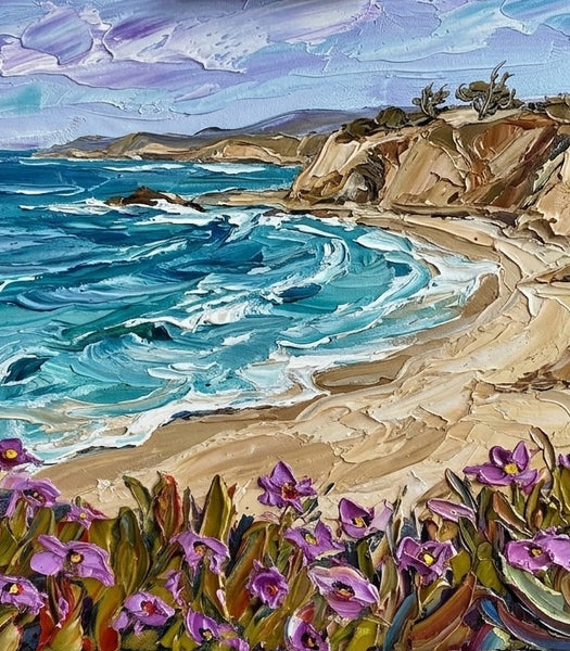 Small Canvas Artwork for Sale, Blue Tides by the Cliff Shore, Seashore Beach Painting, Original Seascape Paintings