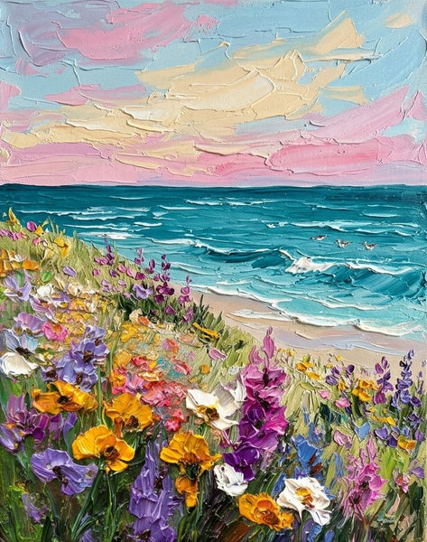 Small Canvas Artwork for Sale, Flower Tide by the Seashore, Seashore Beach Painting, Original Seascape Paintings, Original Oil Paintings