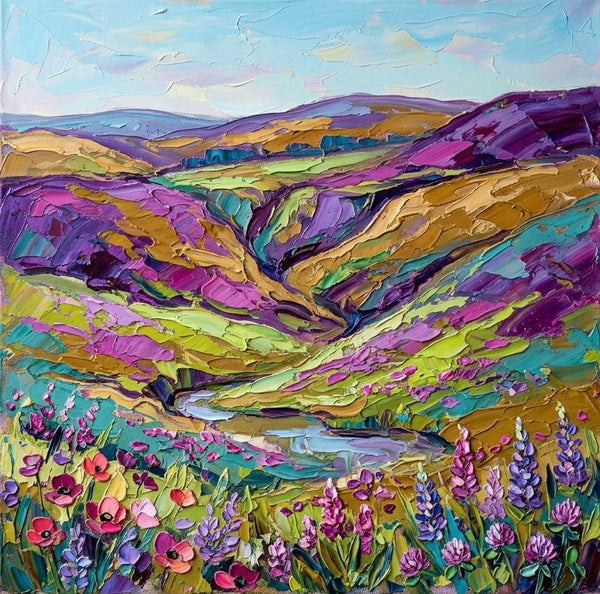 Wild Blooms in teh Purple Valley, Hand Painted Canvas Art, Heavy Texture Paintings, Original Landscape Paintings, Miniature Canvas Art
