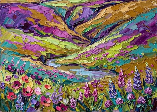 Wild Blooms in teh Purple Valley, Hand Painted Canvas Art, Heavy Texture Paintings, Original Landscape Paintings, Miniature Canvas Art