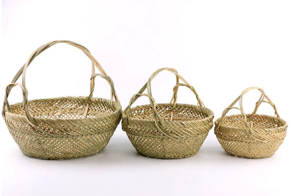 Large Picnic Food Basket with Handle, Natural Hand-woven Bamboo Basket, Lovely Bamboo Baskets for Vegetable, Natural Fruit Basket Kitchen Storage Baskets-Paintingforhome