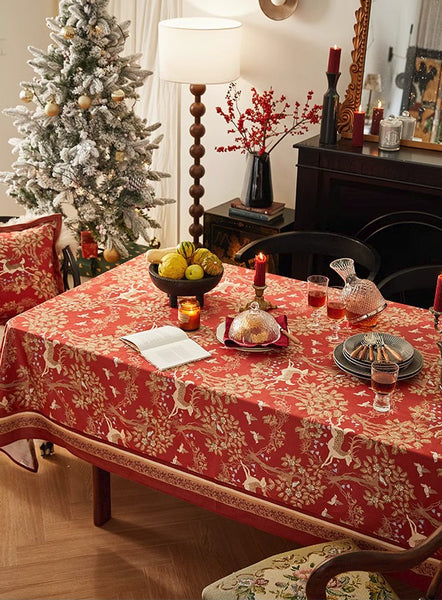 Forest Deer Red Table Covers, Square Tablecloth for Kitchen, Long Modern Rectangular Tablecloth for Dining Room Table, Extra Large Tablecloth for Round Table-Paintingforhome