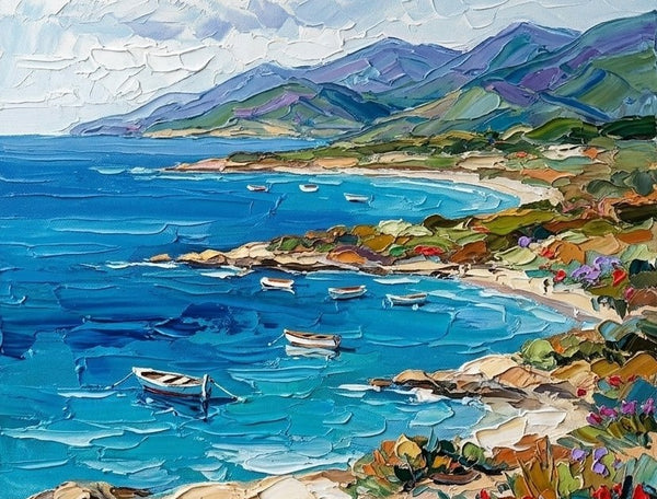 Original Oil Painting for Sale, Sunny Day on Azure Coast, Hand Painted Canvas Art, Heavy Texture Paintings