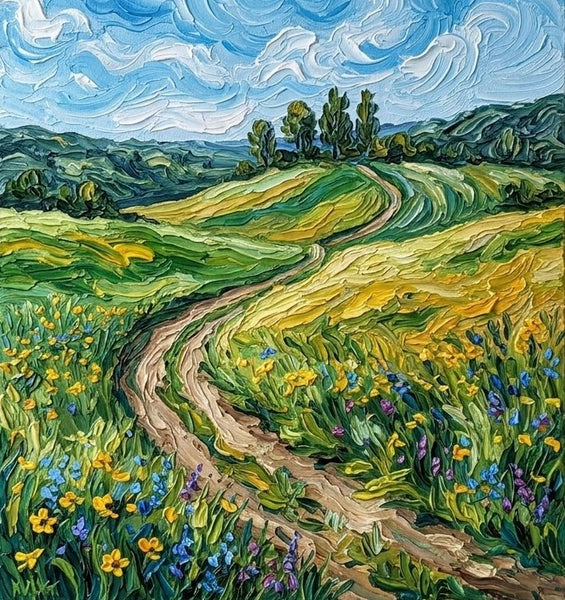 Original Landscape Paintings, Swirling Sky Over Wildflower Path, Original Oil Paintings, Heavy Texture Paintings, Hand Painted Canvas Art, Small Canvas Artwork