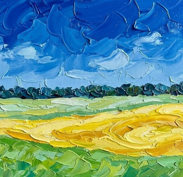 Wheat Field under Deep Blue Sky, Small Canvas Wall Art Paintings, Original Landscape Paintings, Buy Original Artwork Online, Hand Painted Canvas Art, Impasto Heavy Texture Art