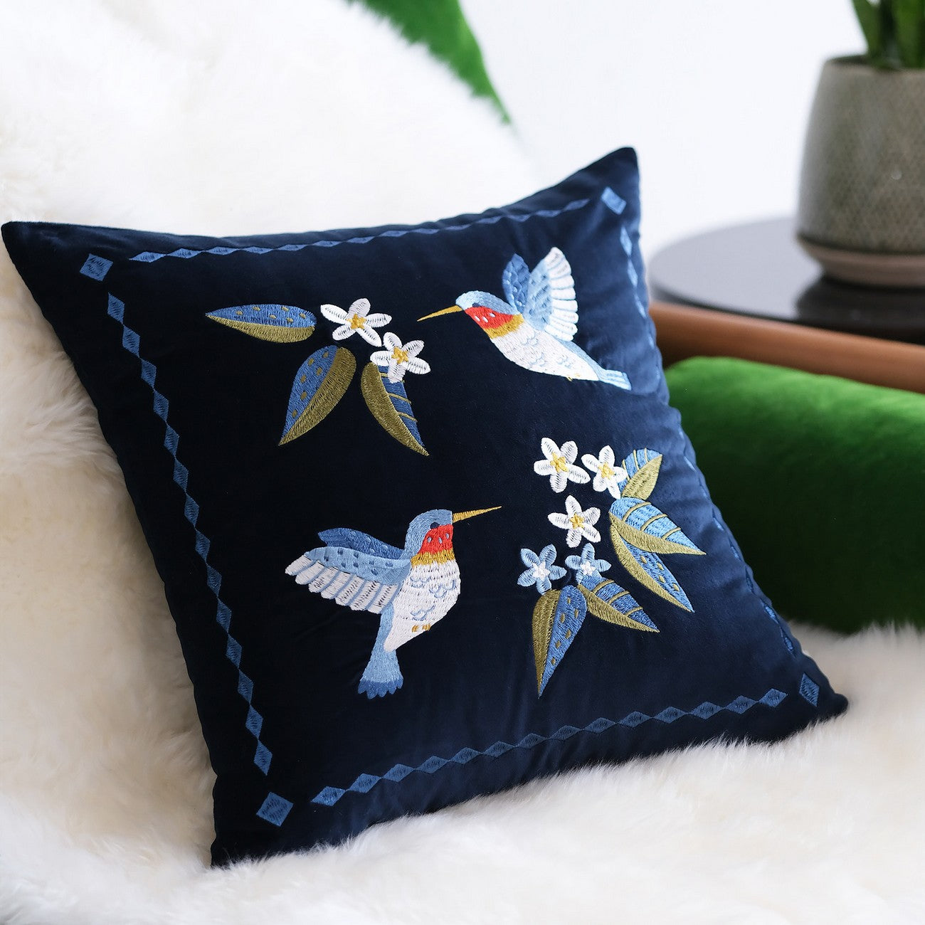Decorative Pillow Arrangement Ideas, Embroidered Couch Cushion, Styling Throw Pillows, Layered Home Decor, Bird And Floral Design, Soft Velvet Square Pillow, Living Room Styling Piece, Hand Embroidered Accent, Modern Farmhouse Cushion, Artisan Quality Pillow