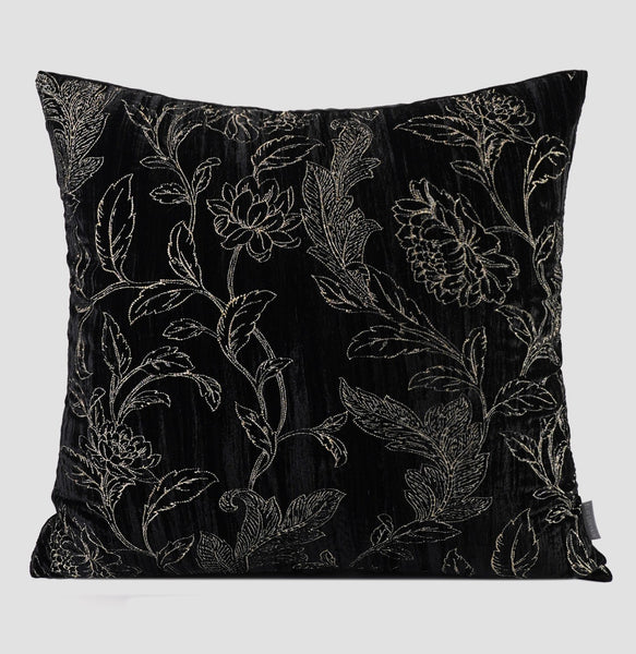 Contemporary Modern Sofa Pillows, Black Embroidery Flower Pattern Pillows for Couch, Decorative Throw Pillows for Bedroom, Large Modern Sofa Pillow for Dining Room-Paintingforhome