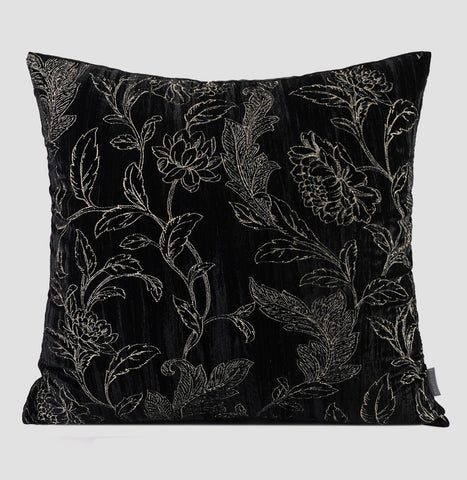 Contemporary Modern Sofa Pillows, Black Embroidery Flower Pattern Pillows for Couch, Decorative Throw Pillows for Bedroom, Large Modern Sofa Pillow for Dining Room-Paintingforhome