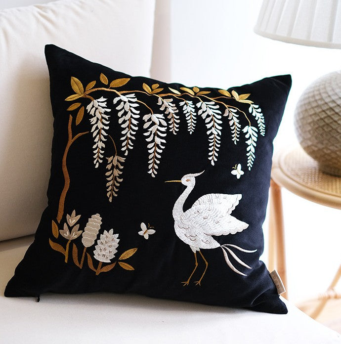 Embroidered Egret Cushion, Vintage Decorative Pillow, Coastal Bird Design, Nature Inspired Throw Pillow, Heron Egret Motif, Soft Linen Feel Cushion, Beach House Decor, Boho Living Room Accent, Handcrafted Embroidery, Artistic Couch Pillow