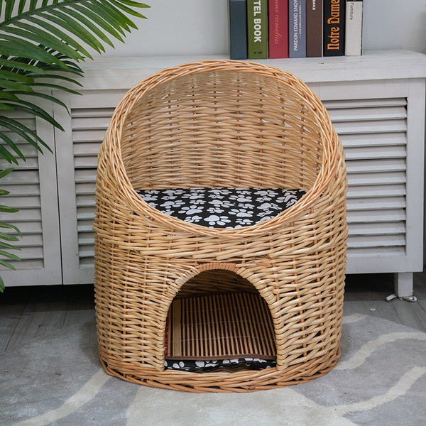 Large Cat House Basket with Washable Cushion for Indoor Cats and Dogs, Double-Layer Cat Bed-Paintingforhome