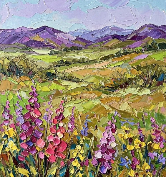 Original Landscape Paintings, Vibrant Wildflowers in Highland Pasture, Impasto Heavy Texture Art, Hand Painted Canvas Art, Small Canvas Artwork