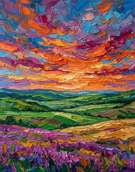 Sunset Sky Over the Meadow, Original Oil Painting for Sale, Heavy Texture Paintings, Original Landscape Paintings